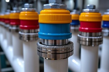 Poster - Industrial pipes with colorful connectors representing modern plumbing system