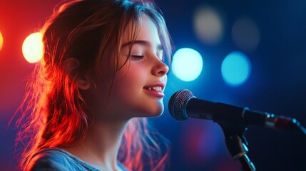 Poster - Young singer performing on stage with microphone and colorful lights