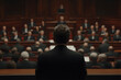 © Artificial South - Power and Discourse: A man in a suit looks over a chamber where many people sit and someone give speech. This composition can depict policy, leadership, and decision-making