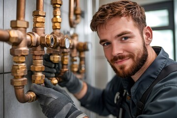 Poster - Plumber working on copper pipes and fittings in bathroom