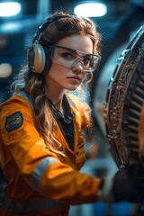Aufkleber - Female engineer inspecting a turbine engine in a factory