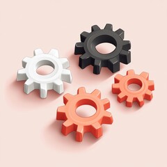 Poster - Four colorful gears in varying sizes: red, black, and white, symbolizing teamwork and innovation.