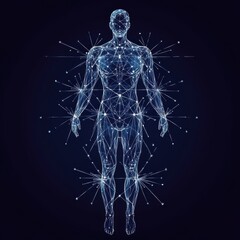 Fototapete - A futuristic, abstract male figure represented with a network of glowing connections and nodes.