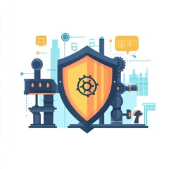 Poster - Colorful industrial illustration featuring a shield and machinery elements representing manufacturing security.