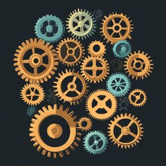 Poster - A collection of interlocking gears in various sizes and colors, creating a visually striking mechanical design.