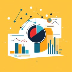 Poster - Colorful abstract data visualization with pie charts and bar graphs on a vibrant yellow background.