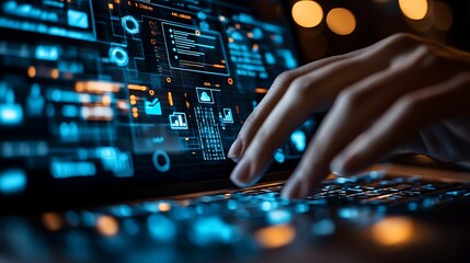 Person coding on laptop, night, digital interface