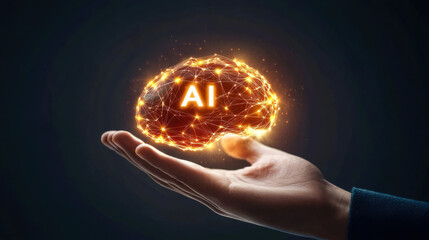 Poster - AI concept visualized as a glowing brain held in a hand, representing technology and innovation