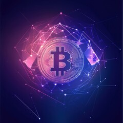 Poster - A digital representation of Bitcoin surrounded by interconnected nodes and vibrant colors, symbolizing cryptocurrency.