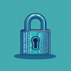Poster - A blue digital padlock depicting security, with binary code patterns on its surface, set against a teal background.