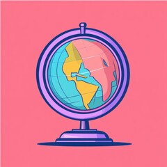 Poster - Colorful illustrated globe on a bright pink background, showcasing continents in vibrant colors.