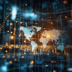 Poster - Global Data Visualization: Technological World Map with Digital Financial Statistics and Connections 