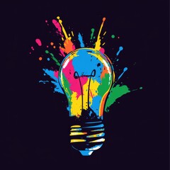 Poster - A colorful light bulb illustration with vibrant paint splashes on a dark background, symbolizing creativity.