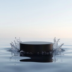 Aufkleber - Minimalist Water Splash: Black Podium on Serene Ocean Surface with Clear Sky, Product Showcase