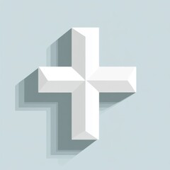 Poster - A modern, three-dimensional white cross on a soft blue background, casting subtle shadows for added depth.
