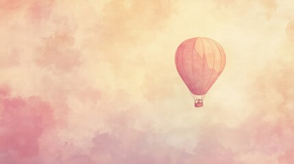  A pink hot air balloon floats high among the clouds softly