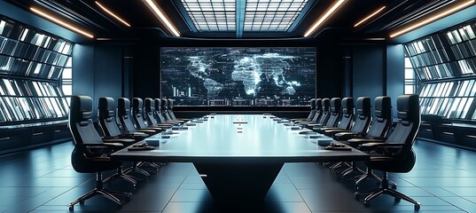 Poster - A futuristic conference room with a large digital screen, sleek furniture, and advanced technology 