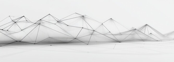 A mountain range is shown in a black and white photo. abstract background of technology wave and dot.