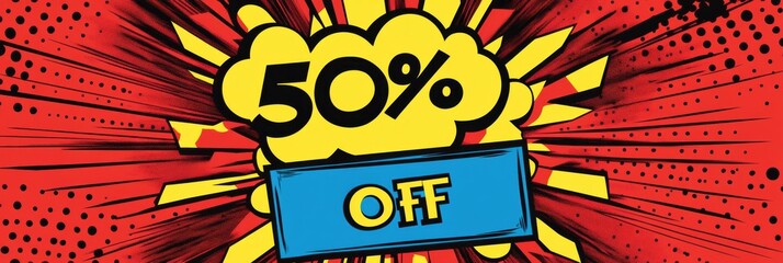 Aufkleber - Bold 50 percent off sale announcement in retro comic book style background for trendy fashion promotions. Generative AI
