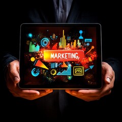Aufkleber - Digital Marketing Strategy: Hand Holding Tablet with Data Analytics and Business Icons Displayed