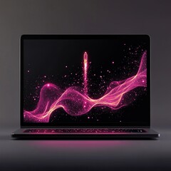 Poster - Sleek Laptop Displaying a Futuristic Pink Rocket Launch Animation and Abstract Data Waves on a Dark Background