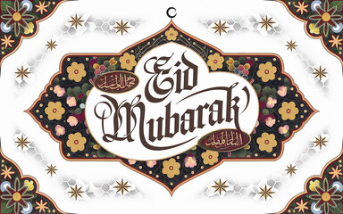 a beautifully decorated eid mubarak message featuring vibrant arabic calligraphy, floral accents, an