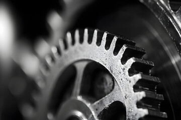 Wall Mural - black and white close-up of metal gears and mechanical parts symbolizing industrial equipment, preci