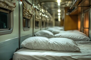 Poster - A train car filled with white pillows, suitable for use in interior design or decorative concepts