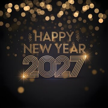 Happy New Year 2027 celebration, golden text, dark background with sparkling bokeh lights