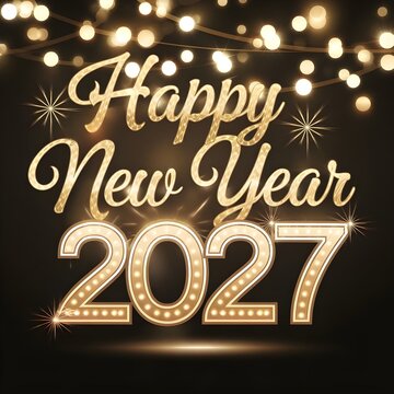 Happy New Year 2027 celebration, golden text, dark background with sparkling bokeh lights