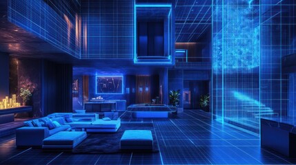 Poster - Smart home interior, futuristic design, city view, digital overlay