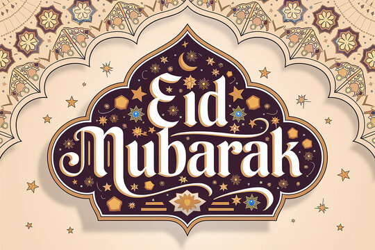 A beautifully decorated Eid Mubarak banner with elegant English calligraphy, featuring festive designs and vibrant colors, perfect for social media posts and banners celebrating the joyous occasion.

