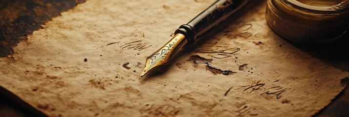 Poster - Elegant fountain pen resting on aged parchment with intricate calligraphy and ink pot in soft lighting. Generative AI