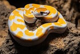 A yellow and white snake coils around a rocky outcropping