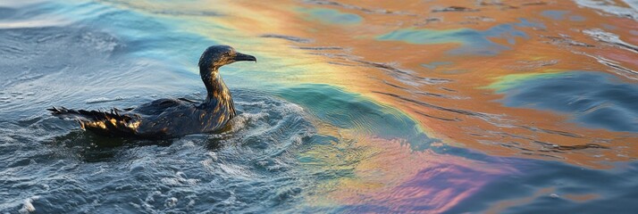 Aufkleber - Seabird struggles in oil spill with rainbow sheen on ocean surface. Generative AI
