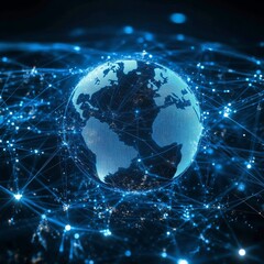 Poster - Global Network Connectivity: A Digital Blue Earth Surrounded by Interconnecting Lines and Data Nodes, Representing Global Communication