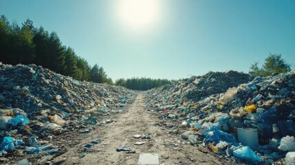 Poster - Mountain of plastic waste at landfill site under clear blue sky with space for text. Generative AI
