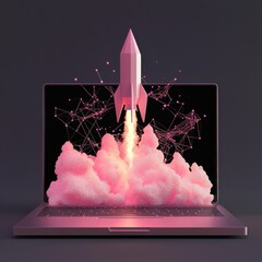 Poster - Rocket Launch from Laptop Screen with Tech Connections, Pink Theme for Startup or Innovation Concept