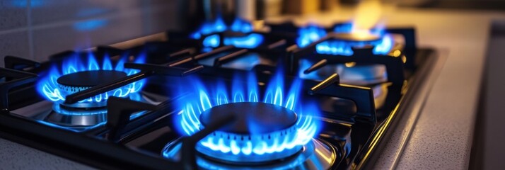 Aufkleber - Modern kitchen features stylish stove with blue gas flames in contemporary design environment. Generative AI