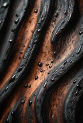 Poster - Abstract close-up of a textured surface with black and brown waves, featuring droplets of water, showcasing a blend of nature and artistry in detail