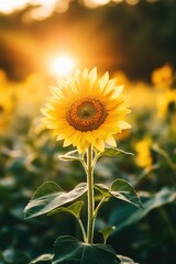 Wall Mural - A single sunflower standing tall in a sea of blooming sunflowers