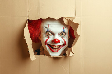 Poster - Clown head coming out of cardboard box, comical clown face with red hair and white makeup looking out of hole on beige background. Portrait of creepy scary smiling jester in cutout cardboard isolated.