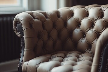 Poster - A single brown leather chair sits in front of a window, perfect for a reading nook or office setting