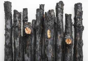 Poster - Blackened tree trunks displayed against a white background for artistic and natural element representation in creative projects or home decor