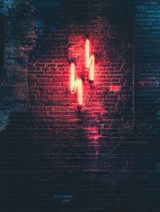 Leinwandbilder - Bright neon lights illuminate a textured brick wall in a urban setting at night showcasing modern art. Generative AI