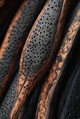 Poster - Close-up of Dried Black and Orange Strips with Textured Surface and Pockmarked Holes Ideal for Artistic and Nature-Inspired Stock Photography