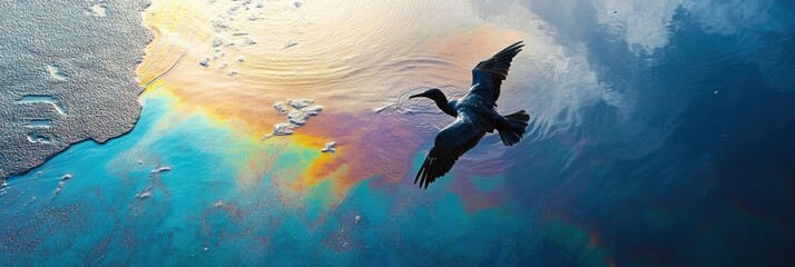 Poster - Seabird struggling on oil spill surface with rainbow sheen in ocean waters during daylight. Generative AI
