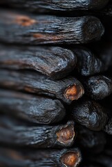 Poster - Close-up View of Dark, Organic, Rustic Sticks Stacked Neatly, Highlighting Texture and Wood Grain Patterns in Natural Lighting