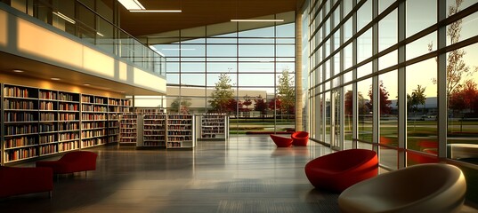 Poster - A modern library with glass walls, open shelving, and comfortable seating areas