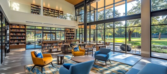 Poster - A modern library with glass walls, open shelving, and comfortable seating areas